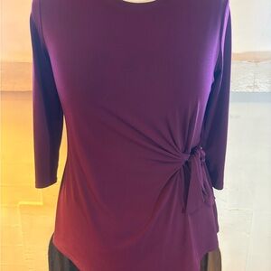 Elle Rich Wine Color Long Sleeve Tie-Detail Top